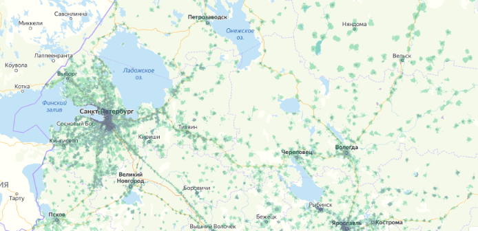 Зона покрытия МТС на карте Мурманск 